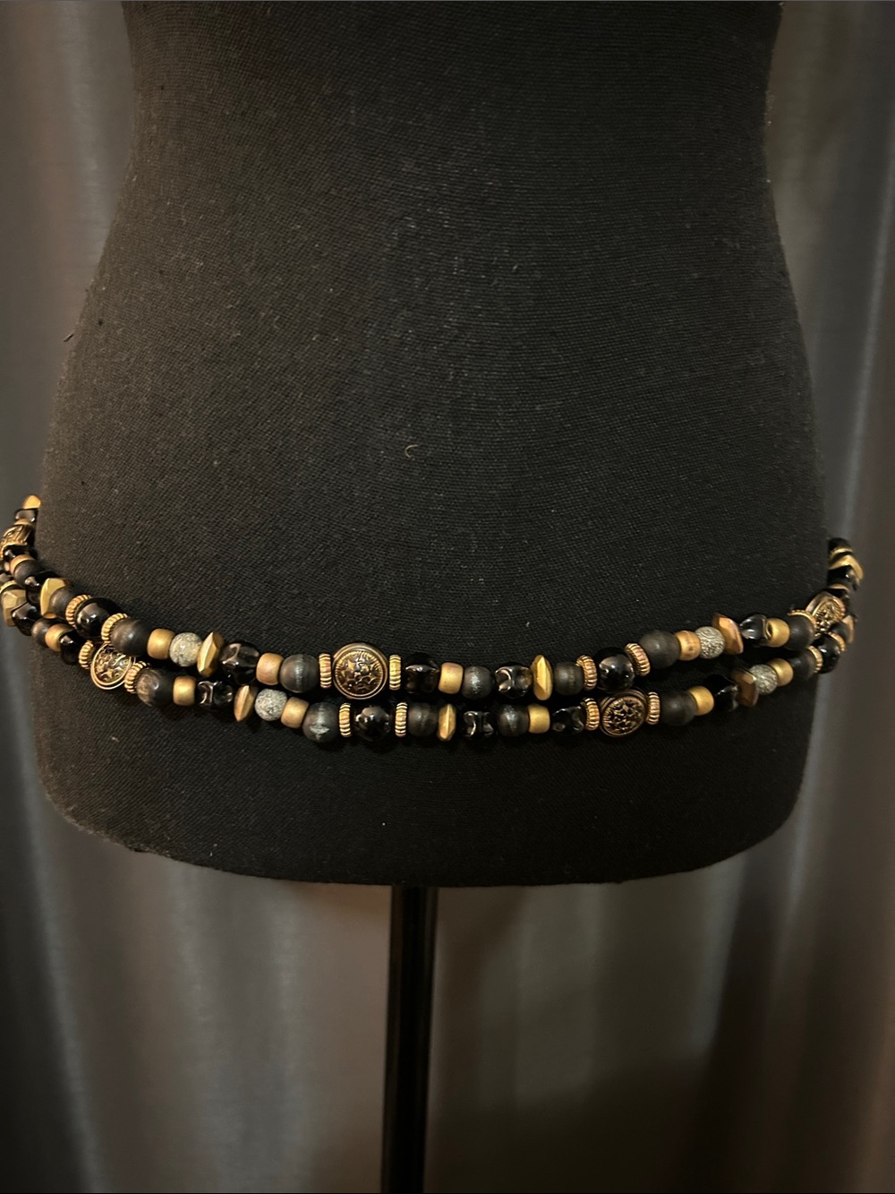 Beaded Double Strand Waist Chain Belt - Black and Gold